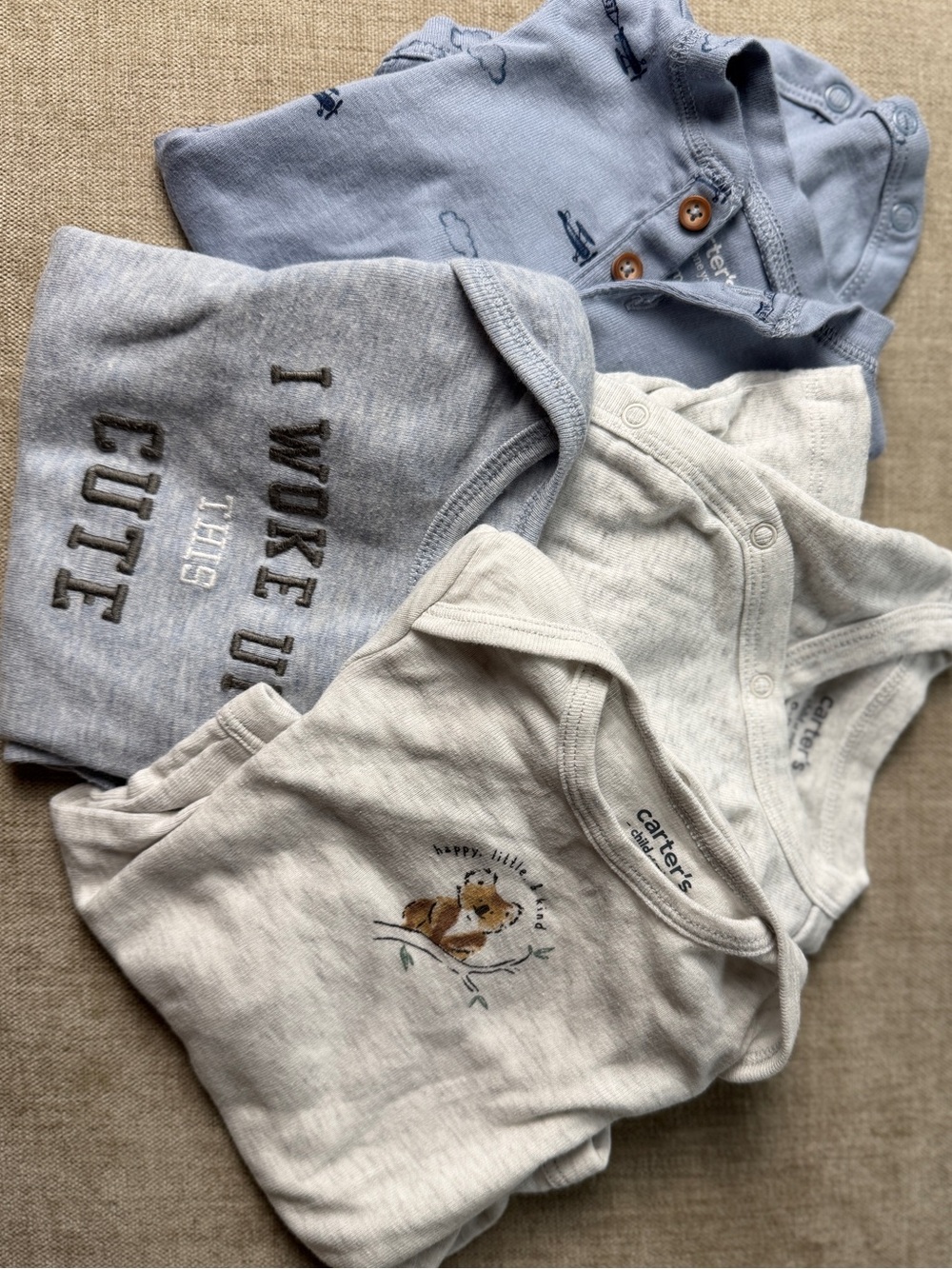 Lot of 4 tops baby- Light Blue, Heather Gray, Cream airplanes koala bear cute